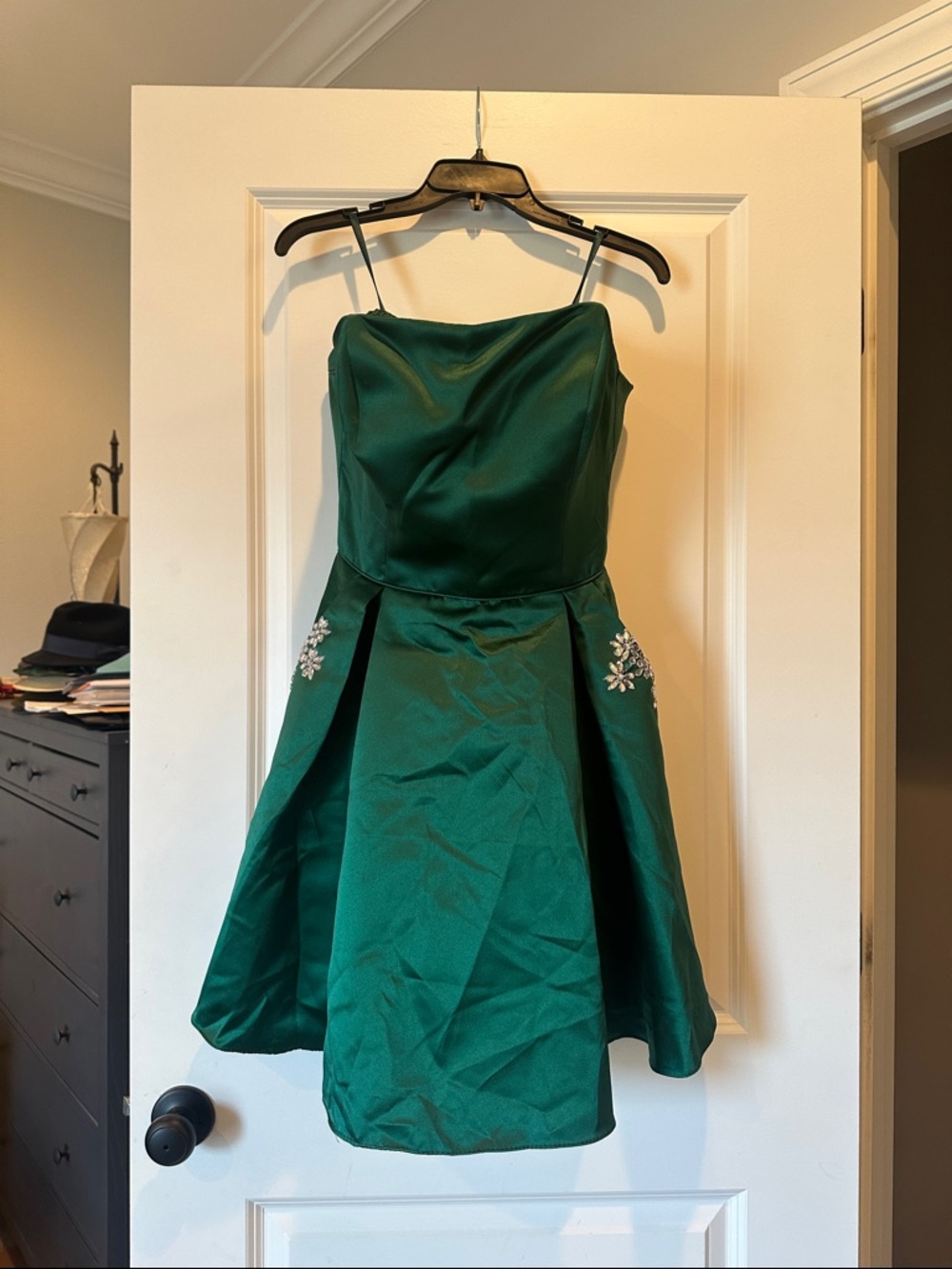 NWOT Emerald Green Satin A-Line Spaghetti Strap Dress